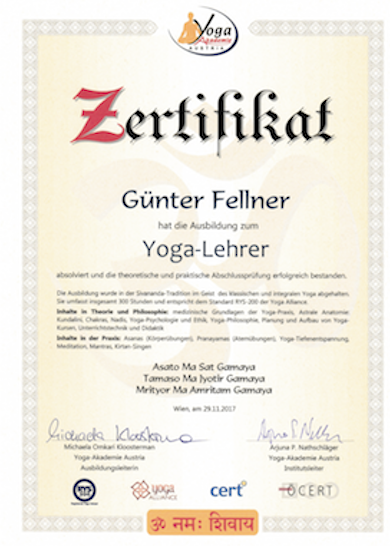Zertifikat Günter Fellner Yogaakademie